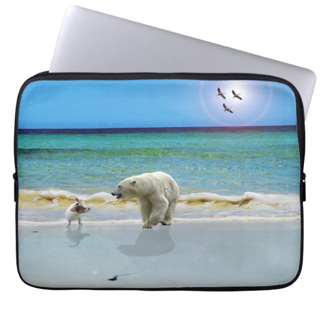 Polar Bear And Jack Russel On The Beach, Laptop Sleeve (Front)
