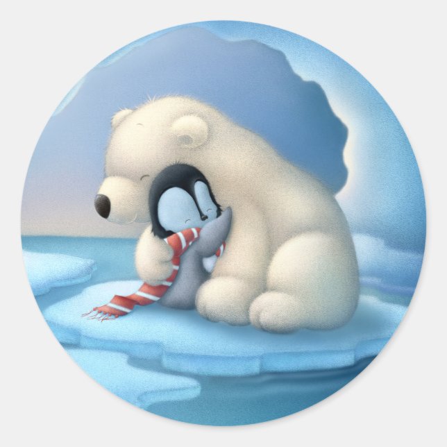 Polar bear and penguin classic round sticker (Front)