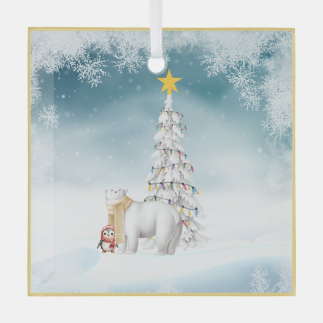 Polar Bear and Penguin Glass Christmas Ornament (Front)