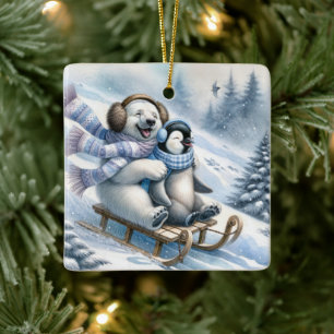 Polar Bear and Penguin On a Sled Ceramic Ornament