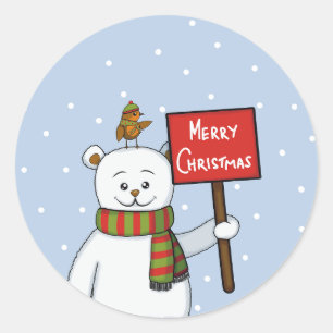 Polar Bear and Robin Christmas Greeting Classic Round Sticker