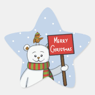 Polar Bear and Robin Christmas Greeting Star Sticker