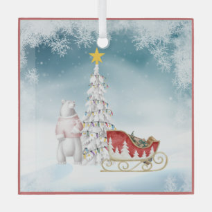 Polar Bear and Sleigh Glass Christmas Ornament