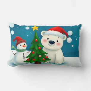 Polar Bear and Snowman Celebrating Christmas Lumbar Cushion
