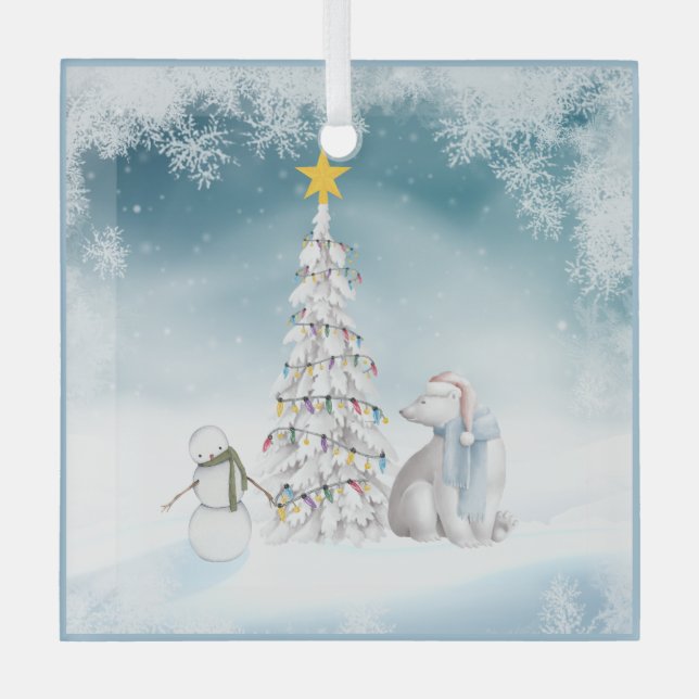 Polar Bear and Snowman Glass Christmas Ornament (Front)