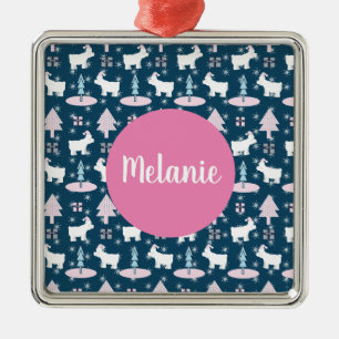 Polar Bear and Trees Monogram Christmas Present Metal Ornament