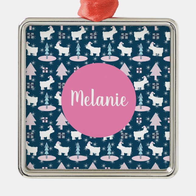 Polar Bear and Trees Monogram Christmas Present Metal Ornament (Front)