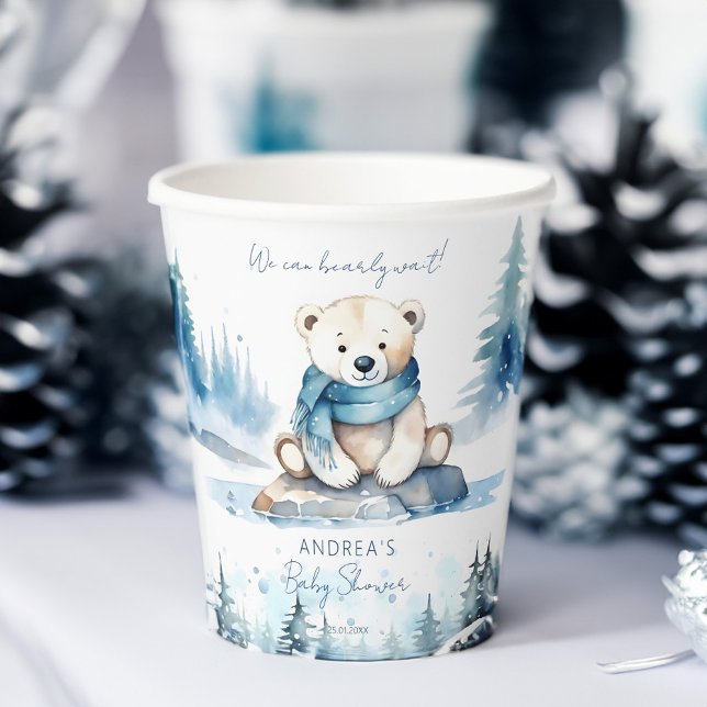 Polar bear arctic winter baby shower template paper cups (Polar bear arctic winter baby shower personalized tableware template paper cup cute white teddy bear)