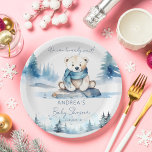 Polar bear arctic winter baby shower template paper plate<br><div class="desc">Polar bear arctic winter we can bearly wait baby shower tableware personalised template plates,  watercolor cute polar teddy bear wearing a blue scarf sitting on ice rock snowy pines winter themed baby shower welcome sign personalised baby shower plates</div>