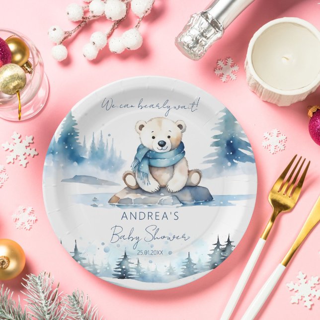 Polar bear arctic winter baby shower template paper plate (Polar bear arctic winter baby shower tableware personalized template paper plates)