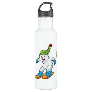 Polar bear as Skier with Ski & Bobble hat 710 Ml Water Bottle