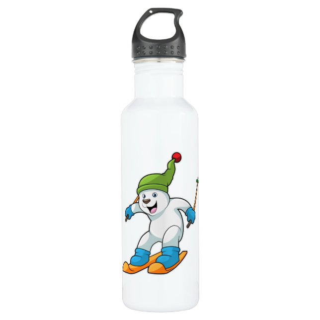 Polar bear as Skier with Ski & Bobble hat 710 Ml Water Bottle (Front)