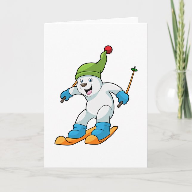 Polar bear as Skier with Ski & Bobble hat Card (Front)