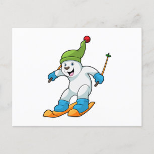 Polar bear as Skier with Ski & Bobble hat Postcard