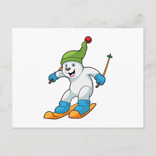 Polar bear as Skier with Ski & Bobble hat Postcard (Front)