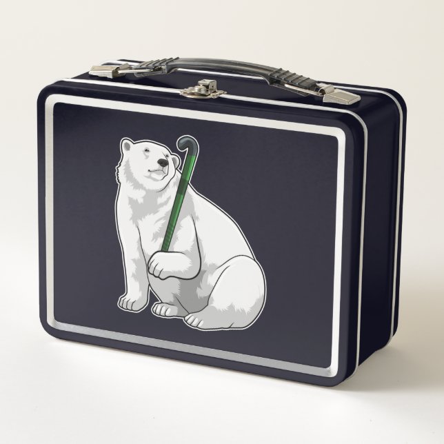 Polar bear at Hockey with Hockey stick Metal Lunch Box (Front)