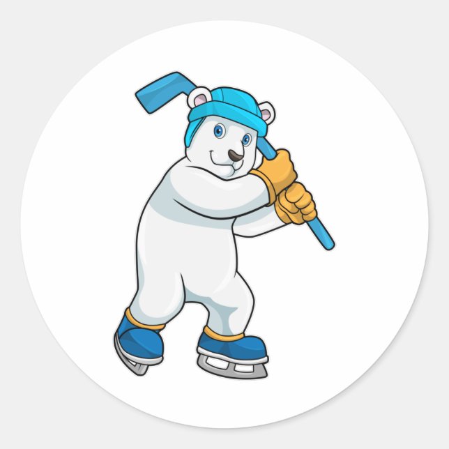 Polar bear at Ice hockey with Ice hockey stick Classic Round Sticker (Front)