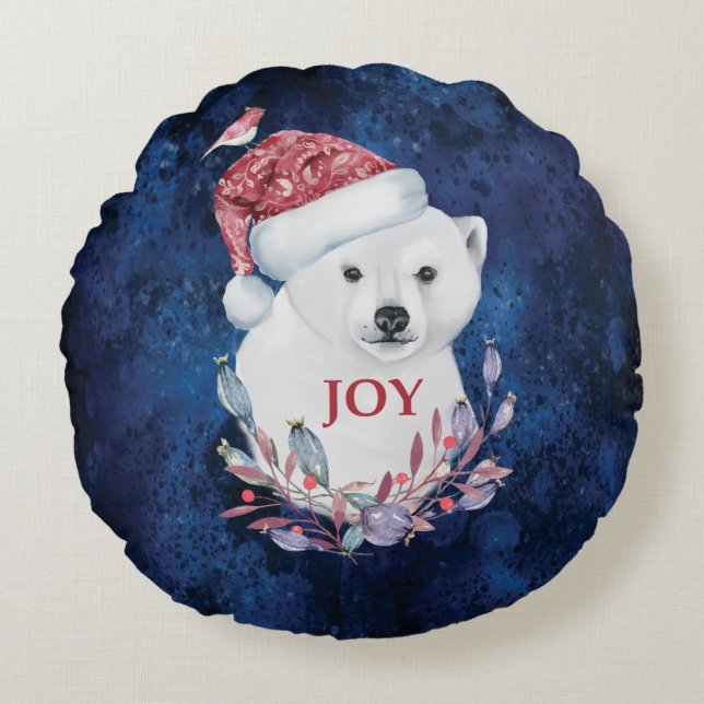 Polar Bear Baby Hat Bird Christmas Joy Round Cushion (Front)