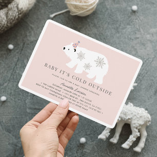 Polar Bear Baby It's Cold Outside Pink Baby Shower Invitation