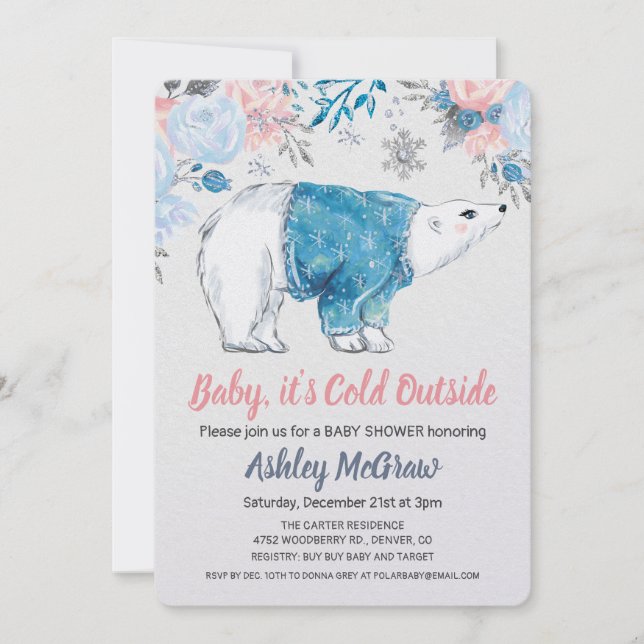 Polar Bear Baby Shower Floral Invitation (Front)