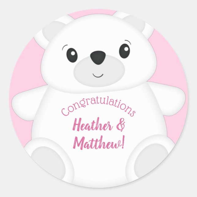 Polar Bear Baby Shower Pink Classic Round Sticker (Front)