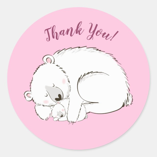 Polar Bear Baby Shower Pink Girl Classic Round Sticker (Front)