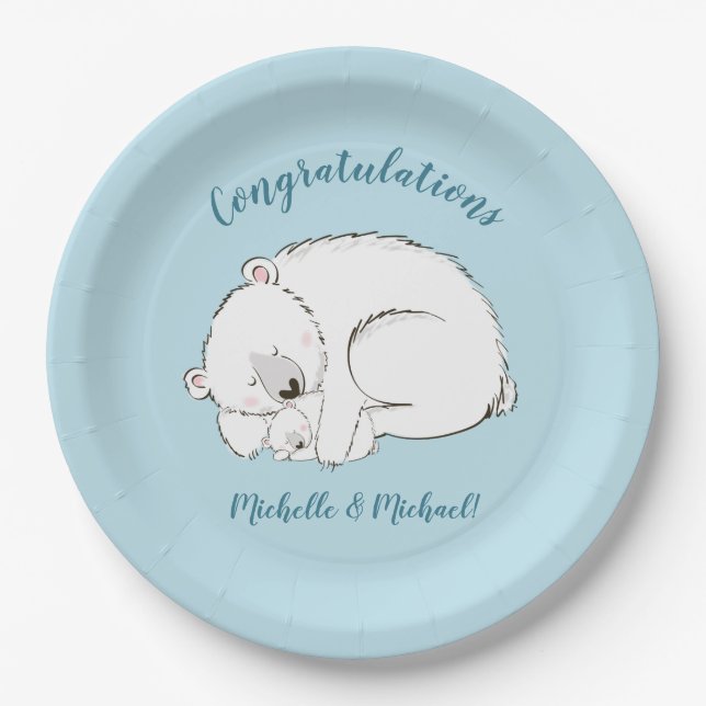 Polar Bear Baby Shower Winter Blue Boy Paper Plate (Front)