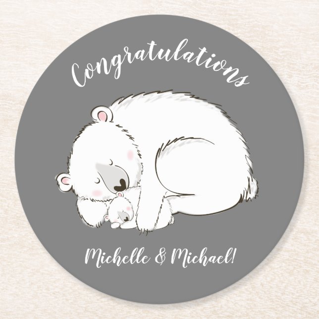 Polar Bear Baby Shower Winter Grey Gender Neutral Round Paper Coaster (Front)