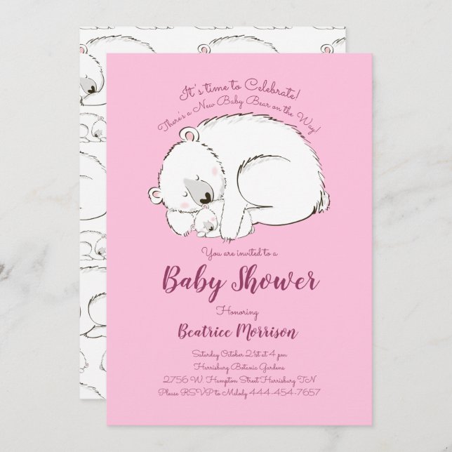 Polar Bear Baby Shower Woodland Winter Pink Girl Invitation (Front/Back)