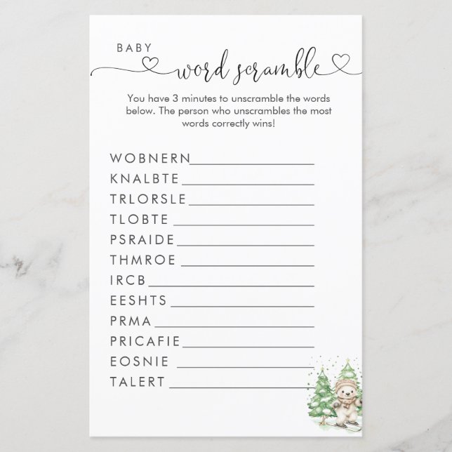 Polar Bear Baby Shower Word Scramble  (Front)