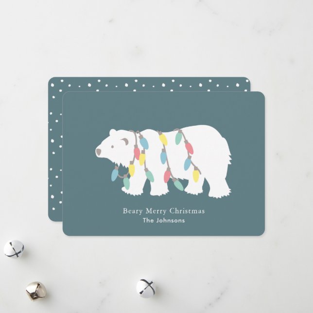Polar Bear Beary Merry Christmas Lights Teal Holiday Card (Front/Back In Situ)
