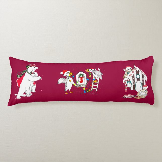 Polar Bear Beaver and Puffin Whimsical Christmas Body Cushion (Front)