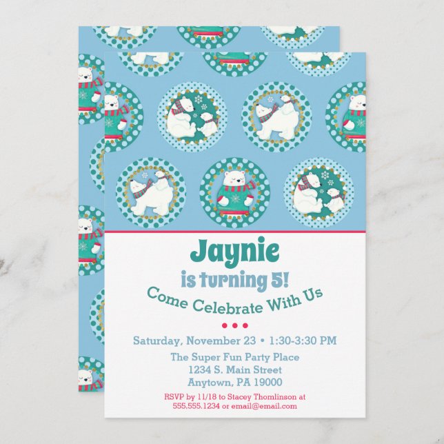 Polar Bear Birthday Invitation Winter Party Blue (Front/Back)