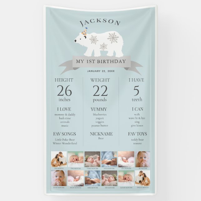 Polar Bear Blue 1st Birthday Milestone Timeline Banner (Vertical)