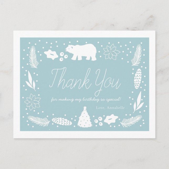 Polar Bear Blue Birthday Thank You Postcard (Front)