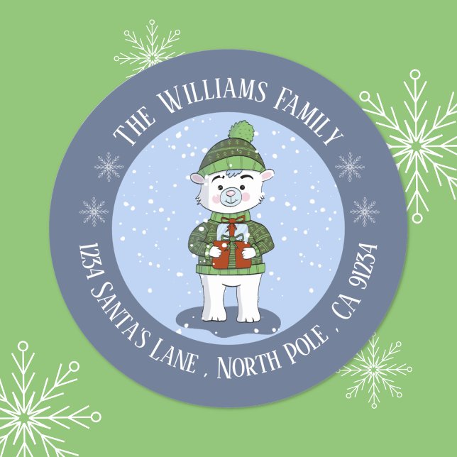 Polar Bear Blue Holiday Return Address Sticker (Cute polar bear blue Holiday return address round stickers . )