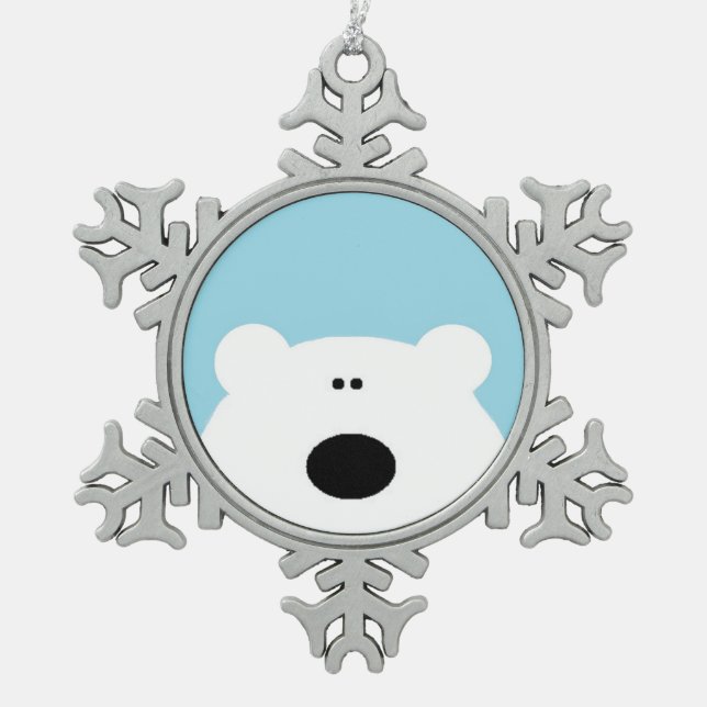 Polar Bear Blue Snowflake Pewter Christmas Ornament (Front)