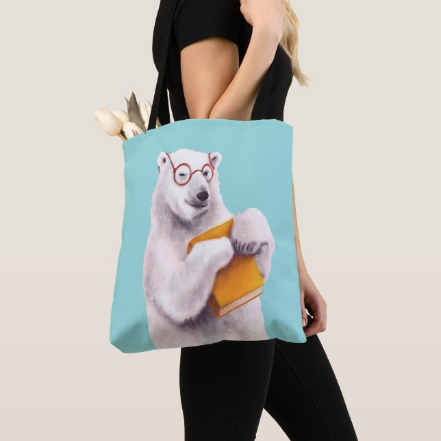 Polar Bear Book Lover Nerdy Tote Bag (Close Up)