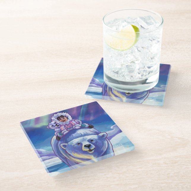 Polar Bear Bus Paintings Glass Coaster (Angled)