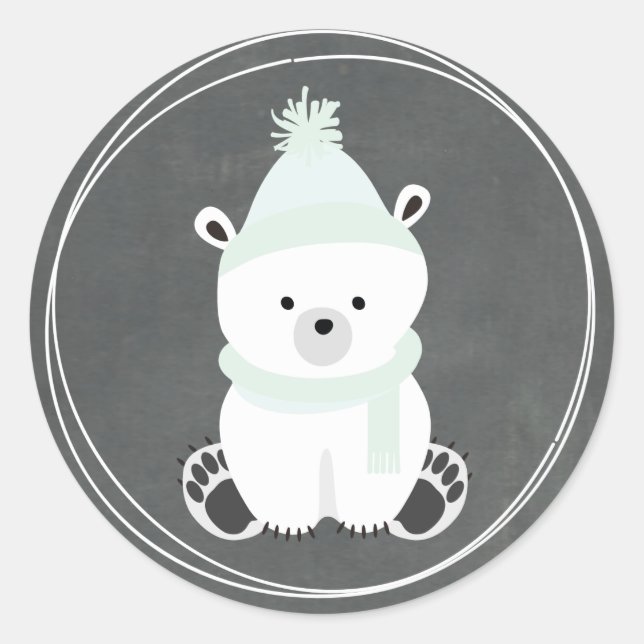 Polar Bear Chalkboard Inspired Baby Shower Classic Round Sticker (Front)