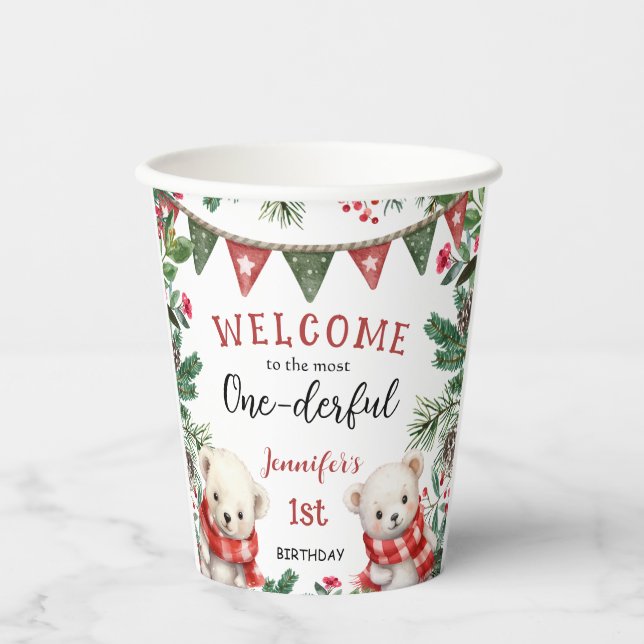 Polar Bear Christmas 1st Birthday Paper Cups (Front)