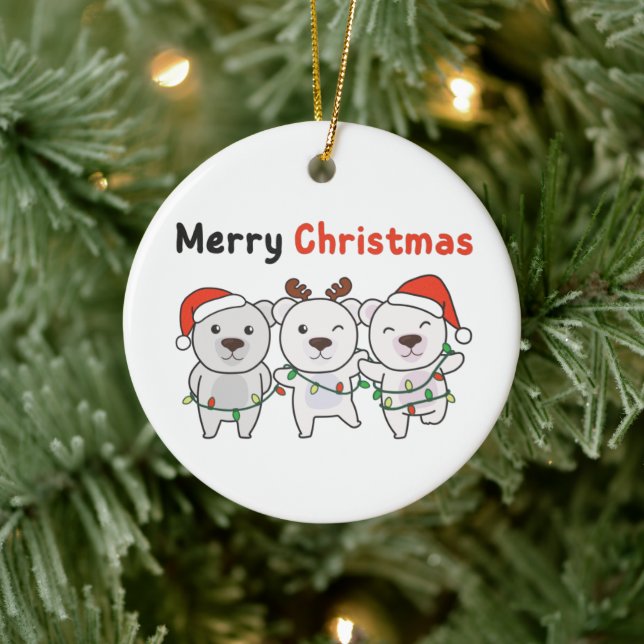 Polar Bear Christmas Animals Polar Bears Merry Ceramic Ornament (Tree)