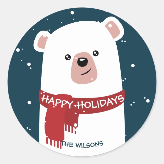 Polar Bear Christmas New Year's Personalised Classic Round Sticker (Front)
