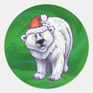 Polar Bear Christmas On Green Classic Round Sticker