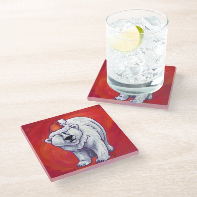 Polar Bear Christmas On Red Glass Coaster (Angled)