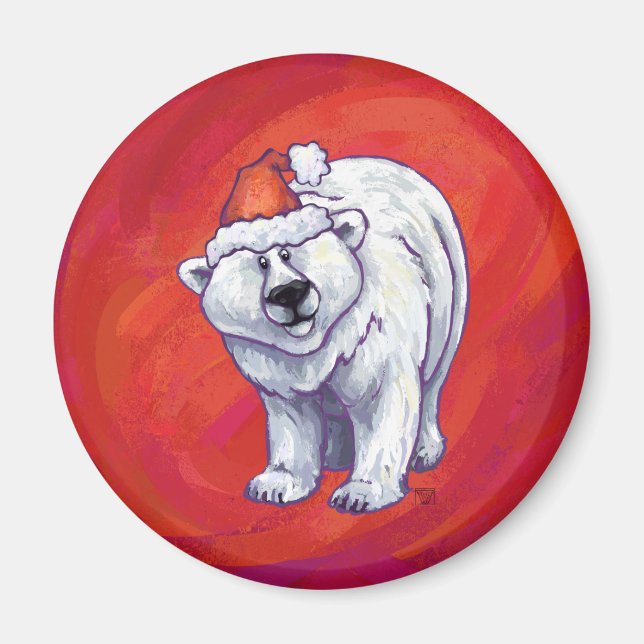 Polar Bear Christmas On Red Magnet (Front)