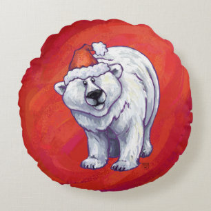 Polar Bear Christmas On Red Round Cushion