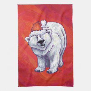 Polar Bear Christmas On Red Tea Towel