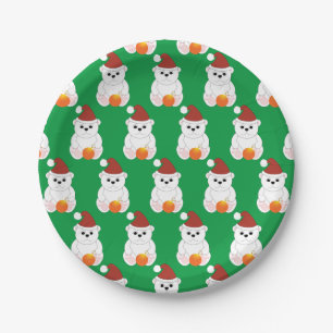 Polar bear Christmas Santa hat cute pattern green Paper Plate