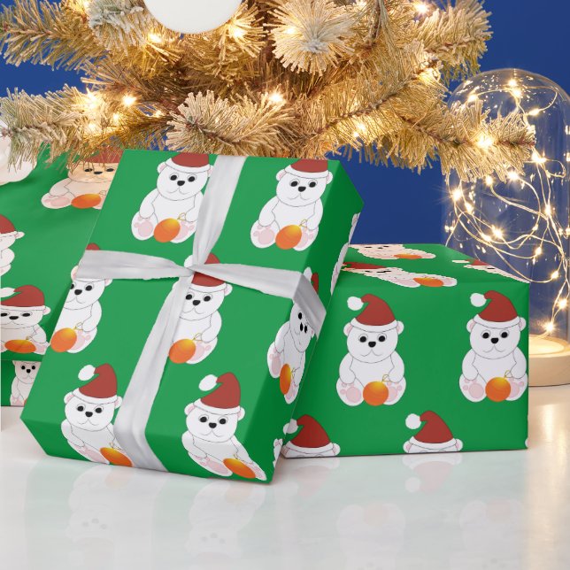Polar bear Christmas Santa hat cute pattern green Wrapping Paper (Holidays)